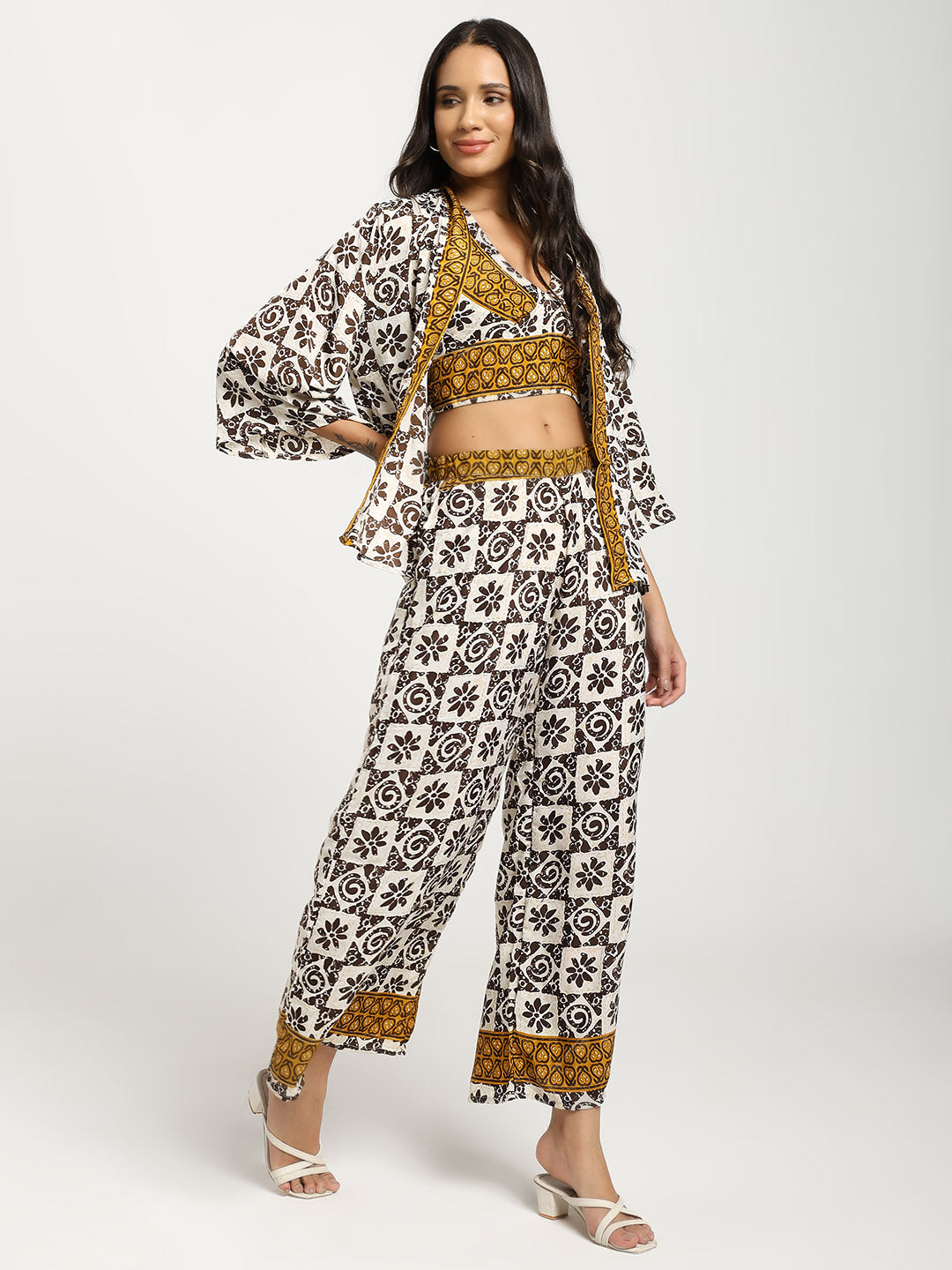 Boho Printed Bell Sleeves Kimono Coordinate Set - Shadow & Light