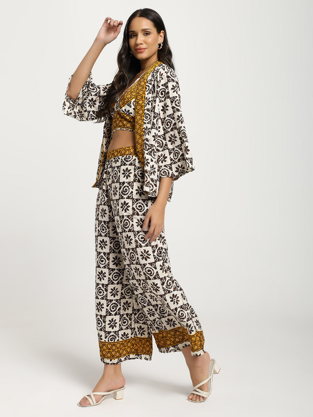 Boho Printed Bell Sleeves Kimono Coordinate Set - Shadow & Light