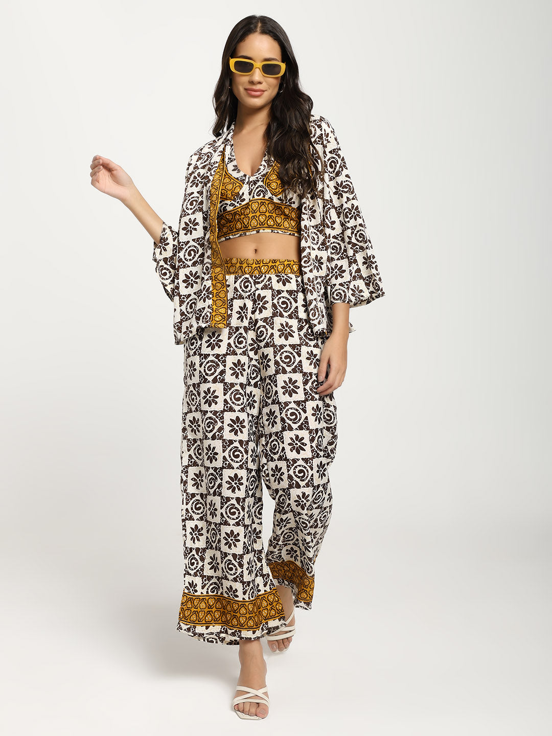 Boho Printed Bell Sleeves Kimono Coordinate Set - Shadow & Light