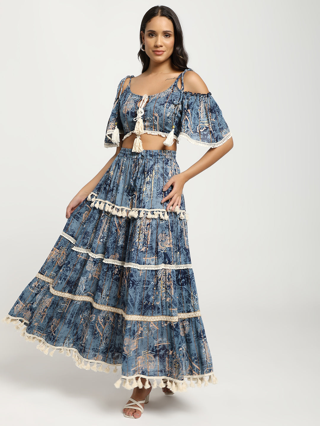 Printed Boho Two Peice Co-ord Set in Teal Blue