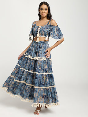 Printed Boho Two Peice Co-ord Set in Teal Blue