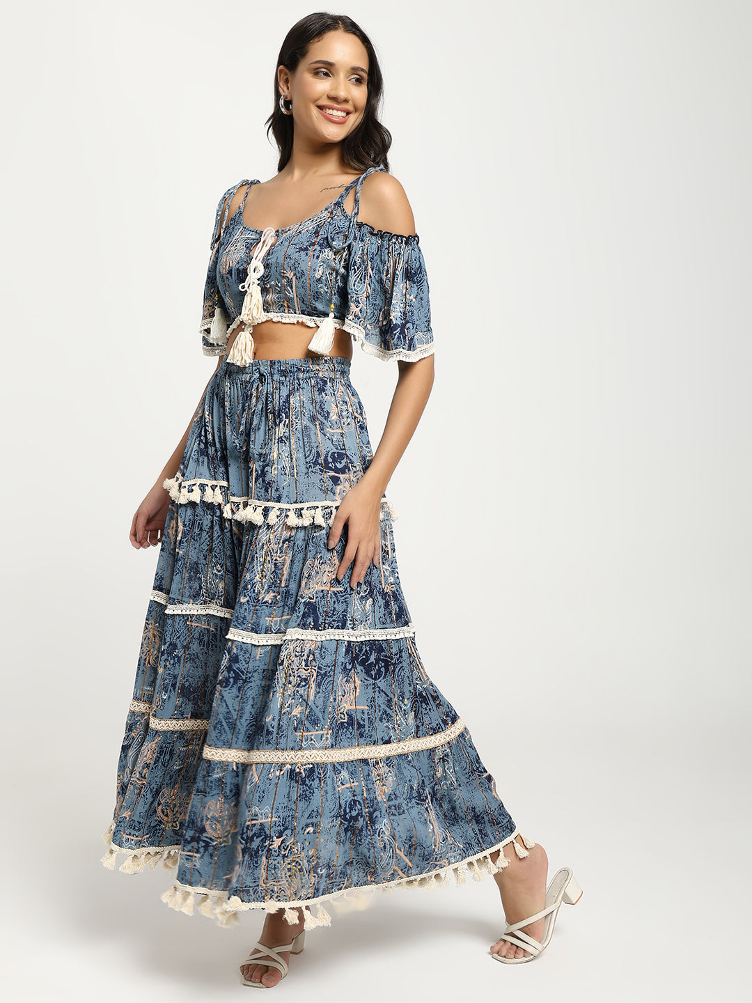 Printed Boho Two Peice Co-ord Set in Teal Blue