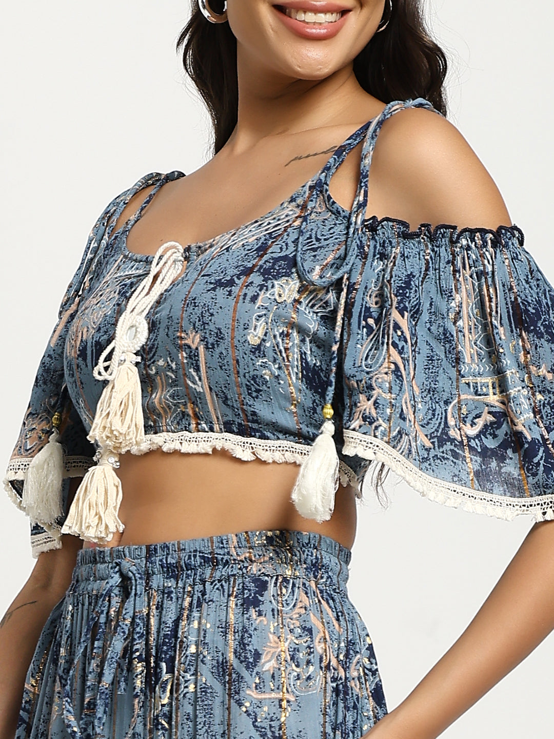 Printed Boho Two Peice Co-ord Set in Teal Blue