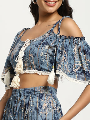 Printed Boho Two Peice Co-ord Set in Teal Blue