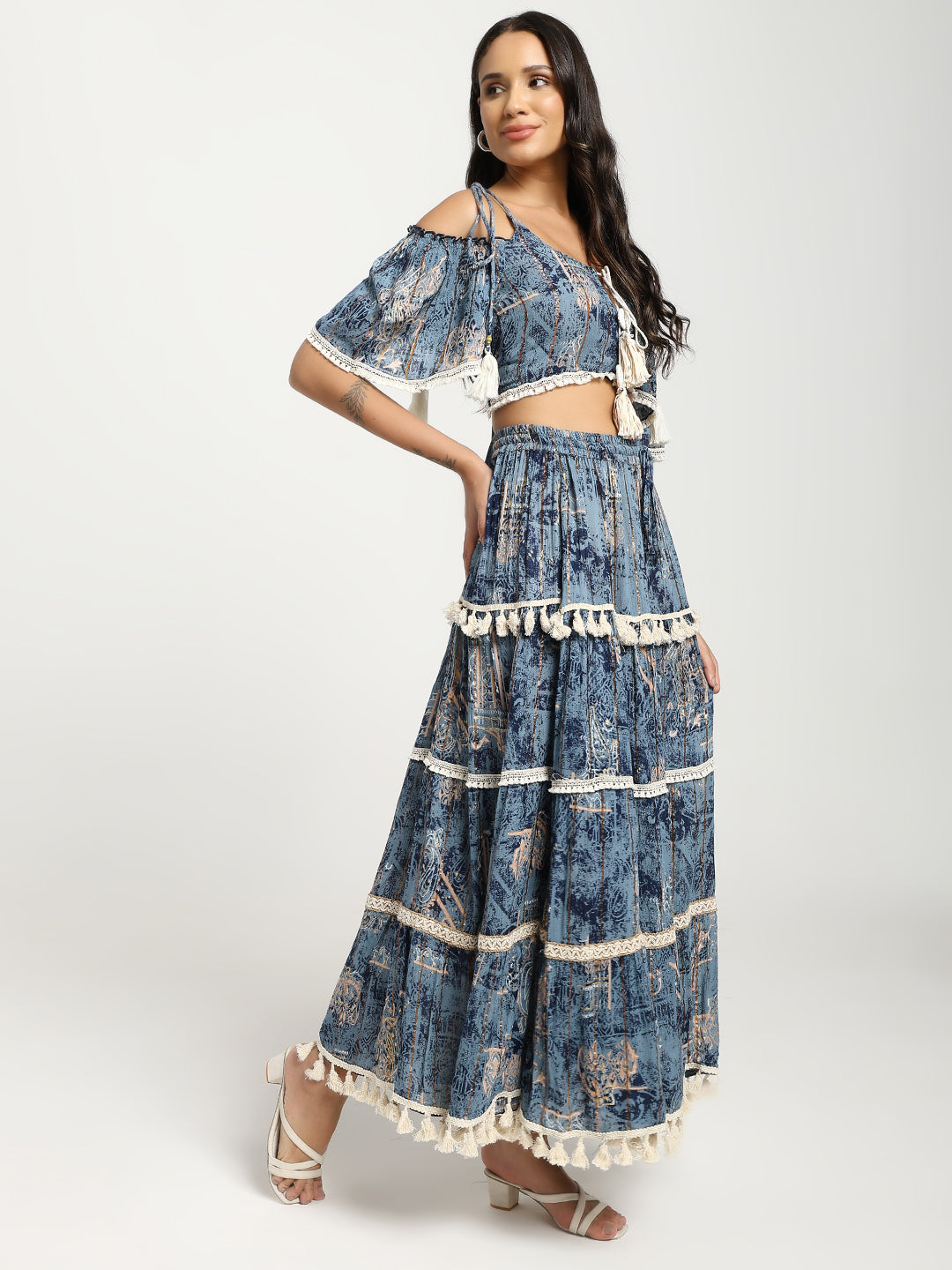 Printed Boho Two Peice Co-ord Set in Teal Blue