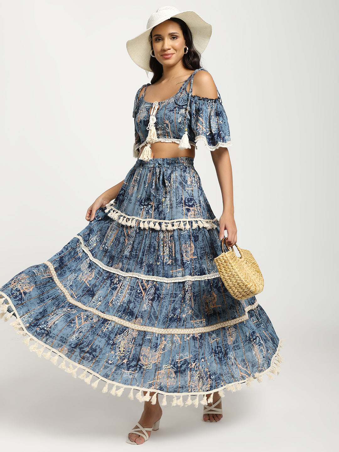 Printed Boho Two Peice Co-ord Set in Teal Blue