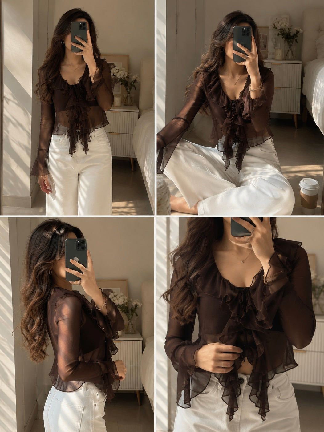 Sheer Chiffon Ruffle-Trim Blouse