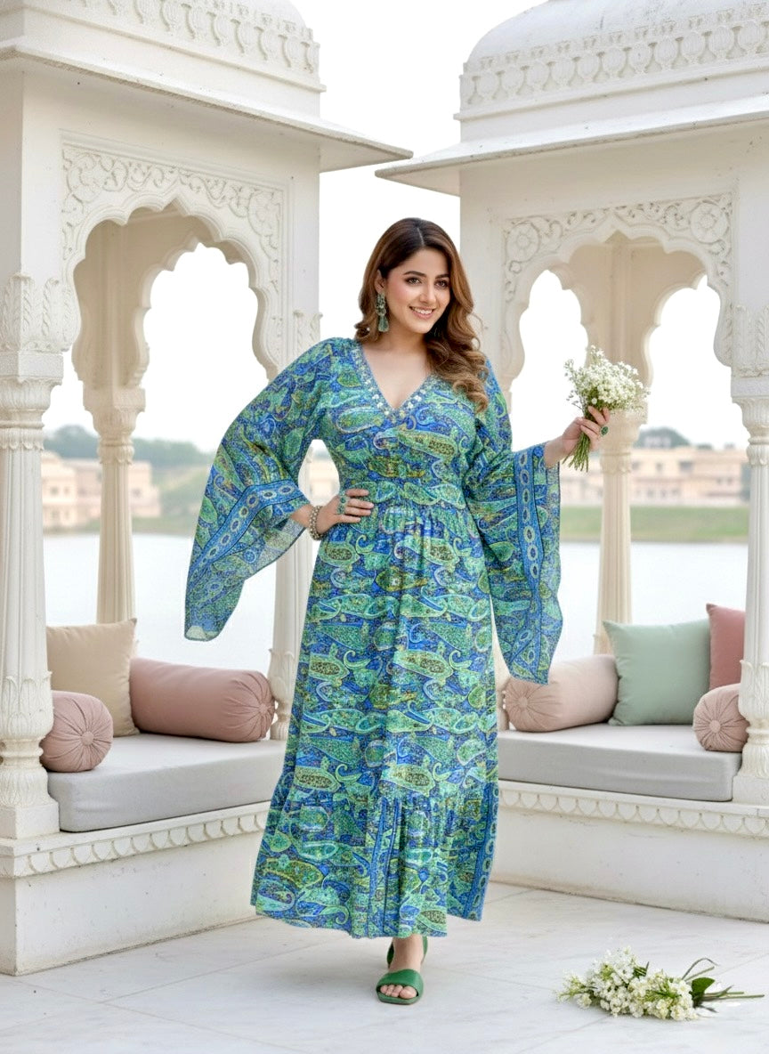 ⬆️Rising - Embroidery Neckline Boho Printed Maxi Dress