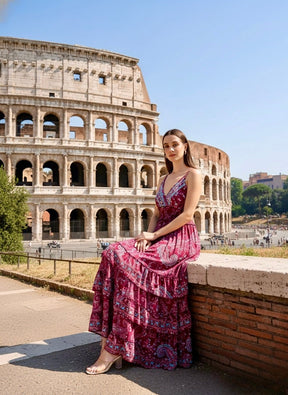 V Neck Boho Printed Embroidery Hand Work Breeze Maxi Dress- Berry Bloom