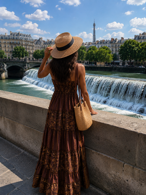 Halter Neck Multi Panel Embroidery Hand Work Boho printed Maxi Dress in Mocha Mirage