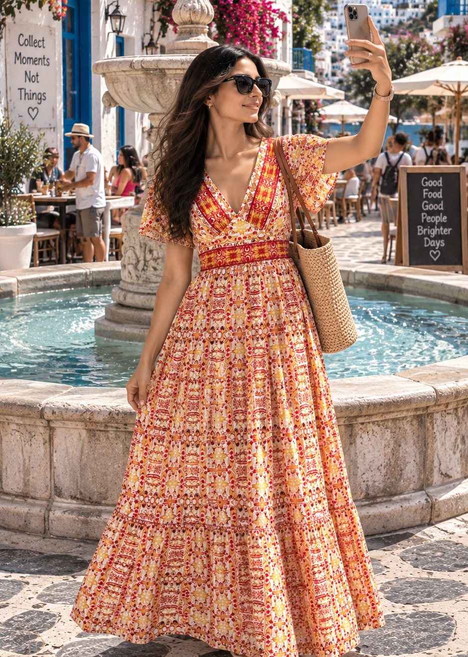 V Neck Cotton Long Dress -     Tangerine Trails 🍂