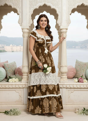 Olive Boho Paisley Off-Shoulder Tiered Maxi Dress