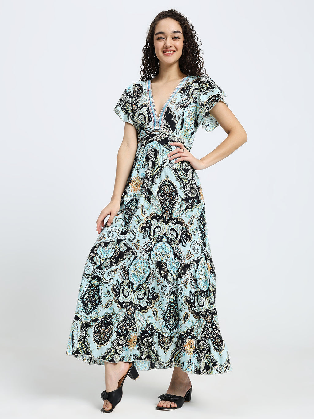 Embroidery V Neck Cotton Long Dress - Paisley Dream Embroidery V Neck Cotton Long Dress - Paisley Dream