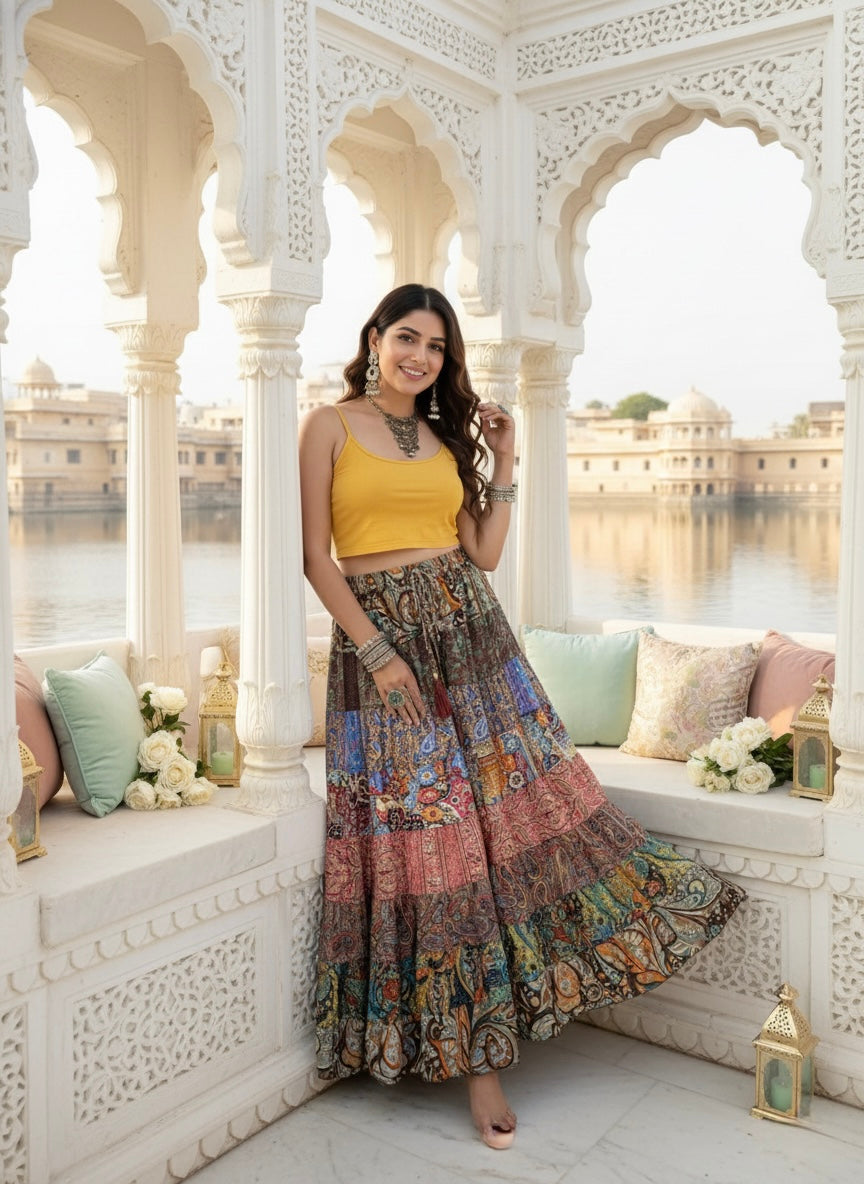 🔥Trending - Multi Panel Boho Printed  Long Skirt - Chromatic Nightfall