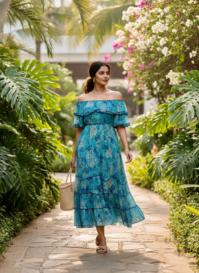 Off- Shoulder Tiered Maxi Dress in Turquoise Radiant