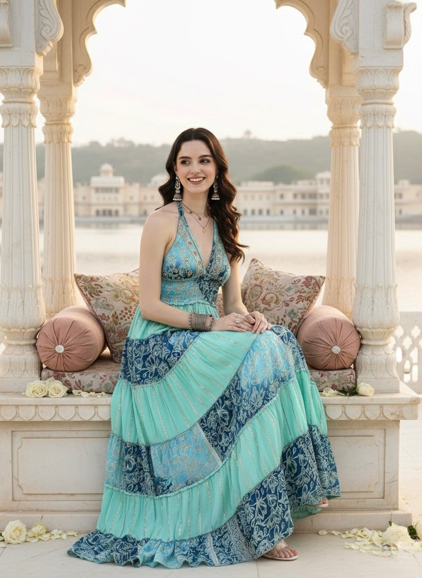 Halter Neck Multi Panel Embroidery Hand Work Boho printed Maxi Dress in Turquoise Trails