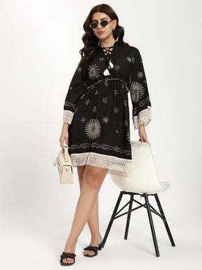 Embroidery Work Bell Sleeves Boho Short Maxi Dress- Twilight Tassel