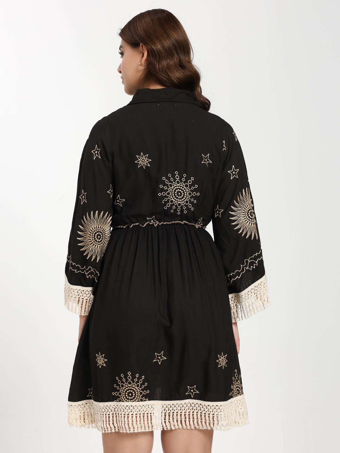 Embroidery Work Bell Sleeves Boho Short Maxi Dress- Twilight Tassel