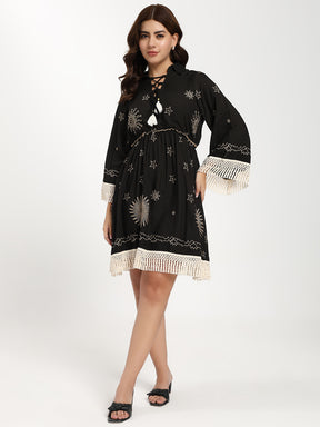 Embroidery Work Bell Sleeves Boho Short Maxi Dress- Twilight Tassel