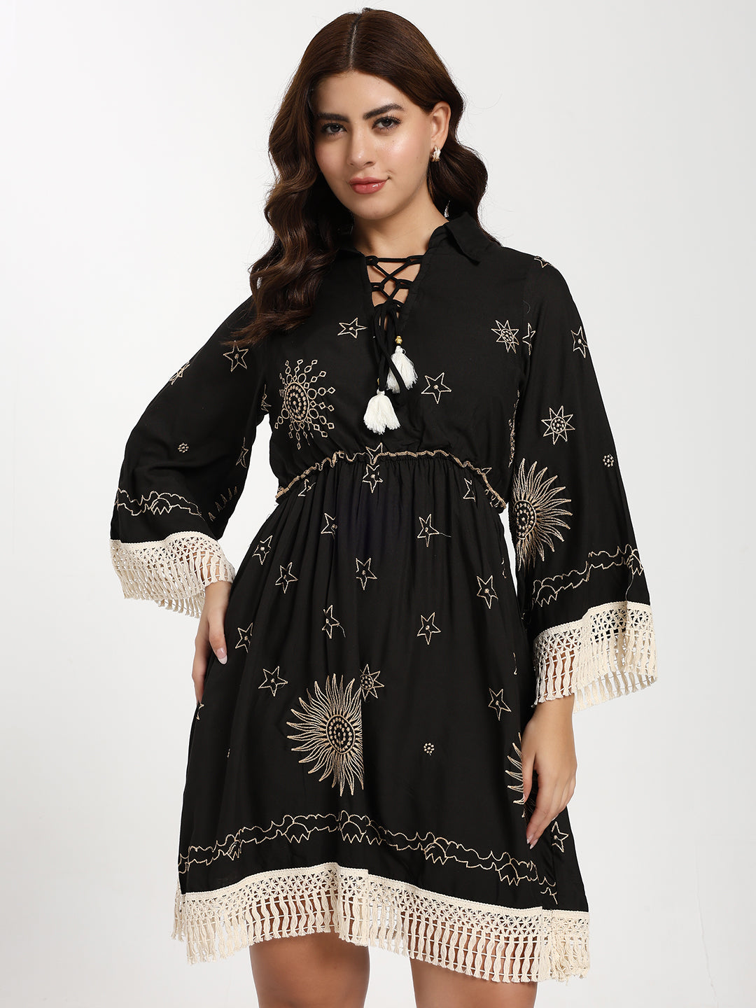 Embroidery Work Bell Sleeves Boho Short Maxi Dress- Twilight Tassel