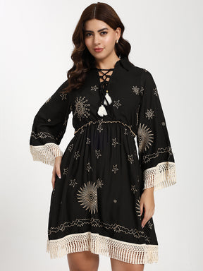 Embroidery Work Bell Sleeves Boho Short Maxi Dress- Twilight Tassel