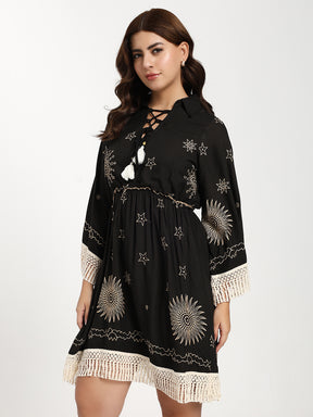 Embroidery Work Bell Sleeves Boho Short Maxi Dress- Twilight Tassel