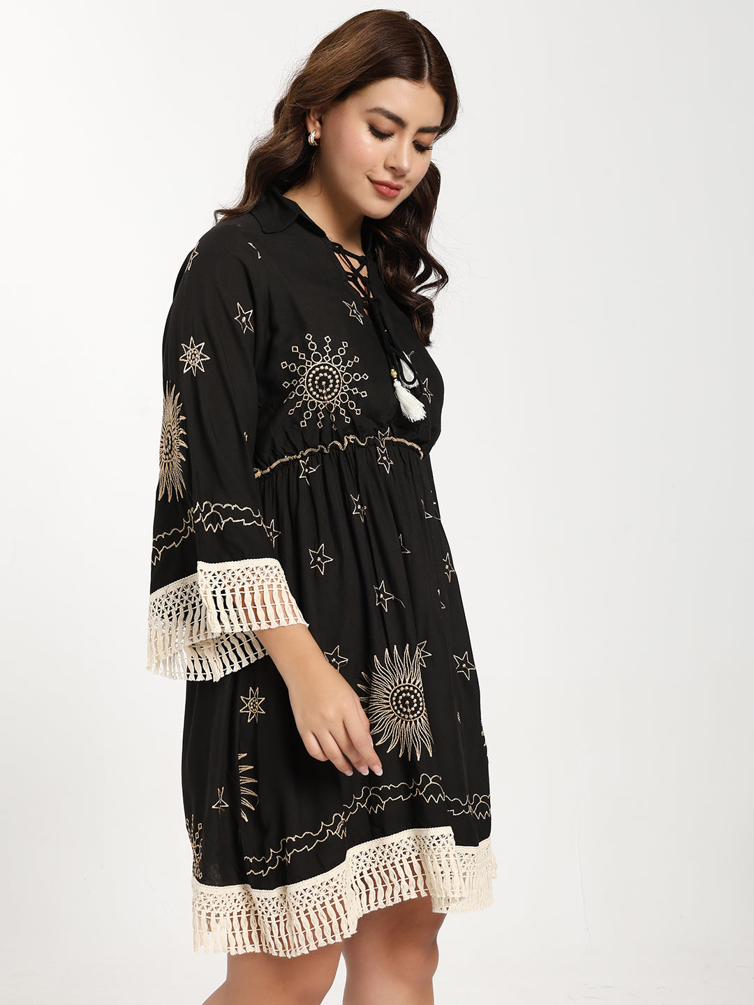 Embroidery Work Bell Sleeves Boho Short Maxi Dress- Twilight Tassel