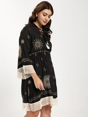 Embroidery Work Bell Sleeves Boho Short Maxi Dress- Twilight Tassel