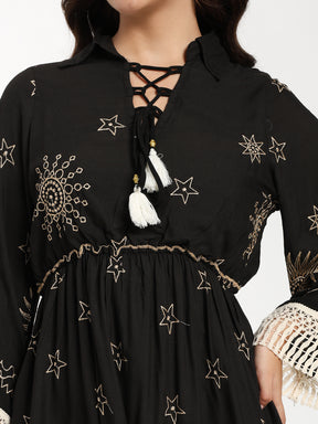 Embroidery Work Bell Sleeves Boho Short Maxi Dress- Twilight Tassel
