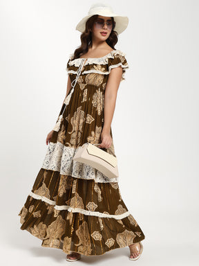 Olive Boho Paisley Off-Shoulder Tiered Maxi Dress