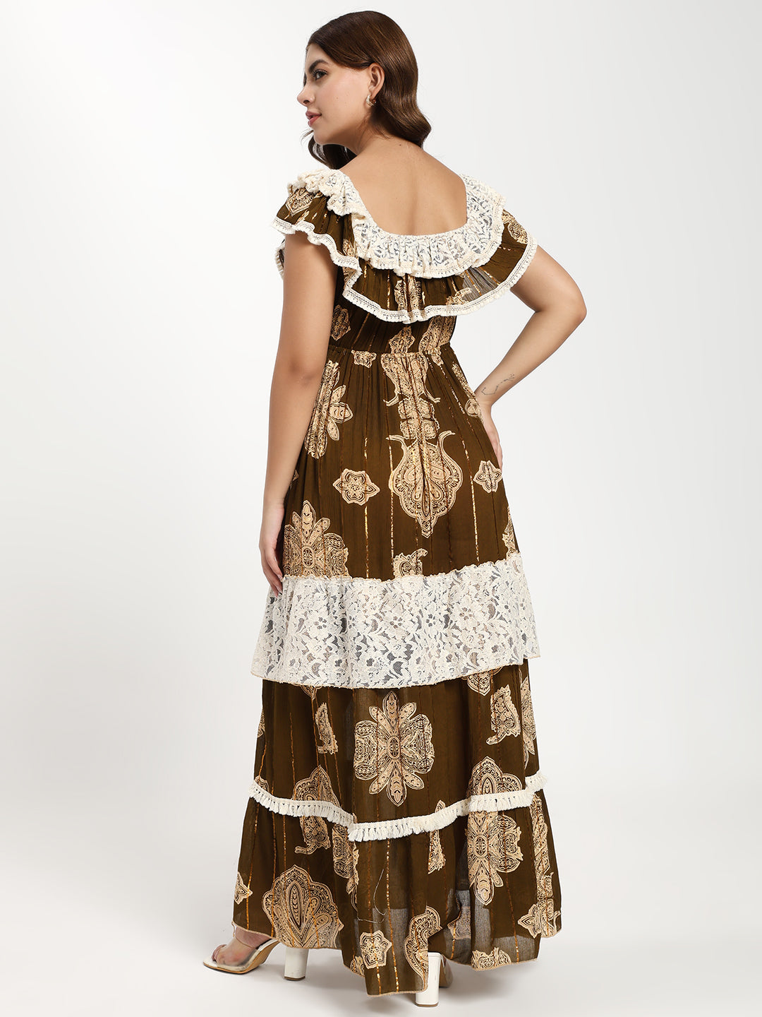 Olive Boho Paisley Off-Shoulder Tiered Maxi Dress