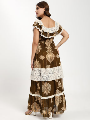 Olive Boho Paisley Off-Shoulder Tiered Maxi Dress