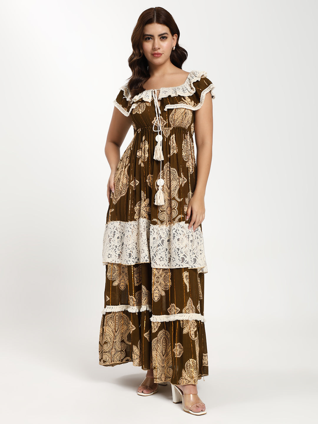 Olive Boho Paisley Off-Shoulder Tiered Maxi Dress