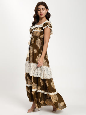 Olive Boho Paisley Off-Shoulder Tiered Maxi Dress