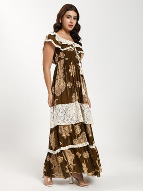 Olive Boho Paisley Off-Shoulder Tiered Maxi Dress