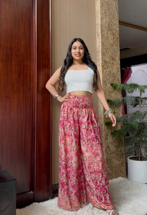 Ruched Belt Boho Printed Trouser - Pink Blush