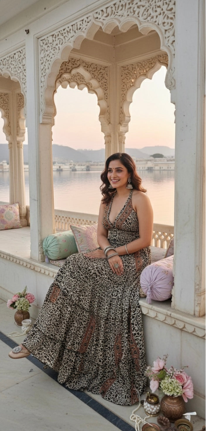 ⭐️Best Seller- Halter Neck Multi Panel Boho printed Maxi Dress In Black and White