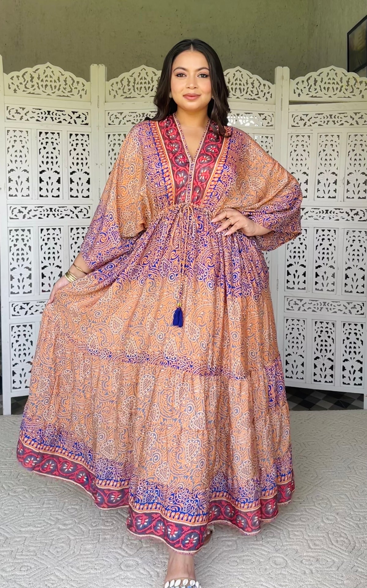 SmisingBee Curve Kaftan Pattern Boho Printed Maxi Dress - Tropical Twilight