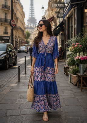 Boho Printed Embroidery Hand Work Butterfly sleeves maxi dress in Boheme Royale (Copy)