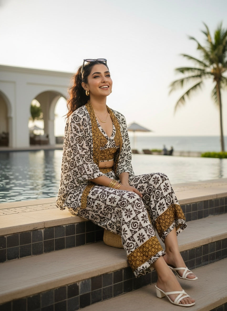 Boho Printed Bell Sleeves Kimono Coordinate Set - Shadow & Light