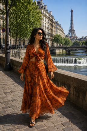 ⏳Low Stock - Wrap Top Boho Printed Co-ord Set in Burnt Sienna