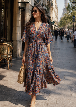 Boho Printed Kaftan Maxi Dress in     Rust & River