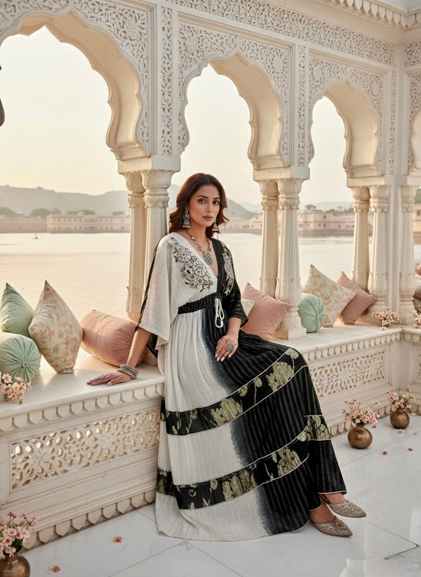 Two Shade Hand Embroidered Kaftan Maxi Dress - Black