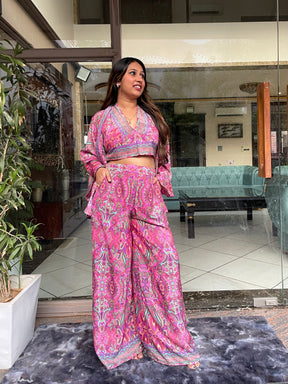 Boho Printed Bell Sleeves Kimono Coordinate Set - Rosy Blush