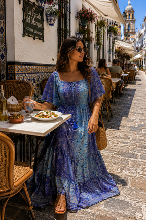 Elasticated Bust Boho Printed Maxi Dress -Blue Lagoon Dream