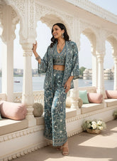 Boho Printed Bell Sleeves Kimono Coordinate Set - Teal Mirage