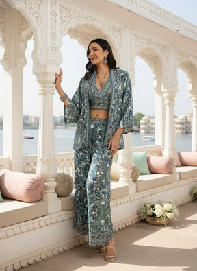 Boho Printed Bell Sleeves Kimono Coordinate Set - Teal Mirage