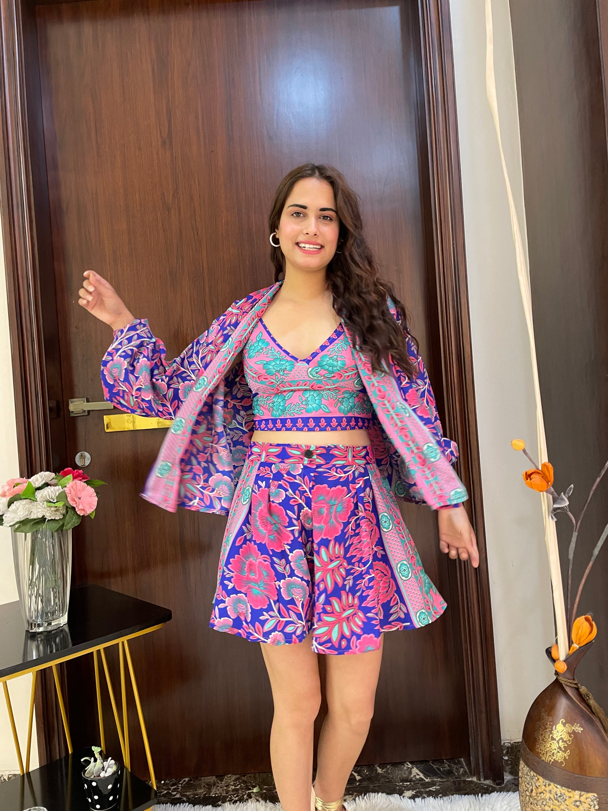 Puff Sleeves Kimono and Shorts Coordinate Set (3 Piece)- Royal Plum
