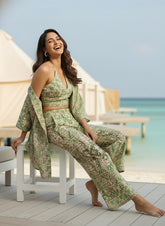 Boho Printed Bell Sleeves Kimono Coordinate Set - Mint Mirage