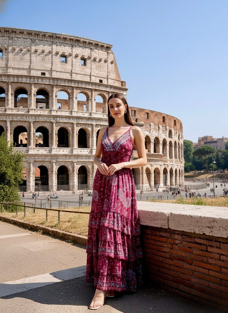 V Neck Boho Printed Embroidery Hand Work Breeze Maxi Dress- Berry Bloom